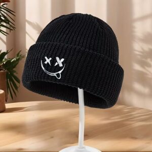 Joyful Face Embroidered Melon Rind Knitted Beanie